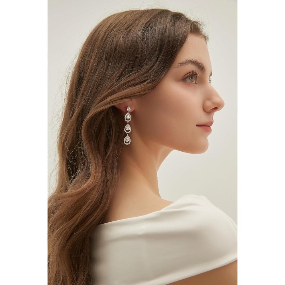 Sterling Silver Dangle Earrings Cubic Zirconia Wedding Bridal Jewelry - Picture 2 of 6